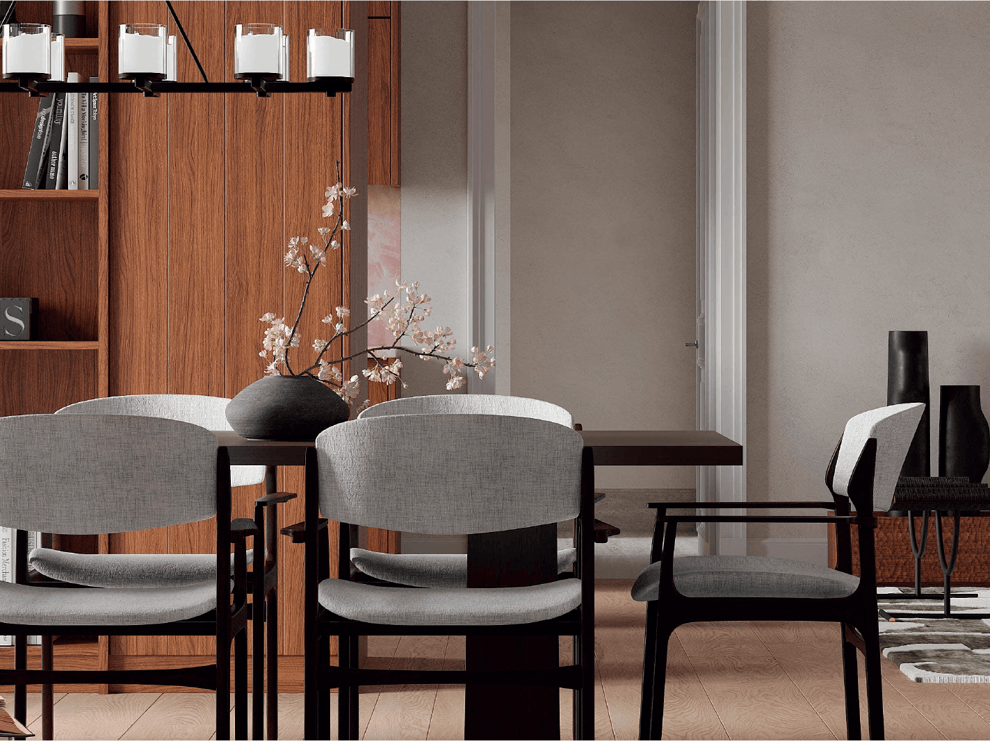 Dining area interior with a wooden wall and grey chairs